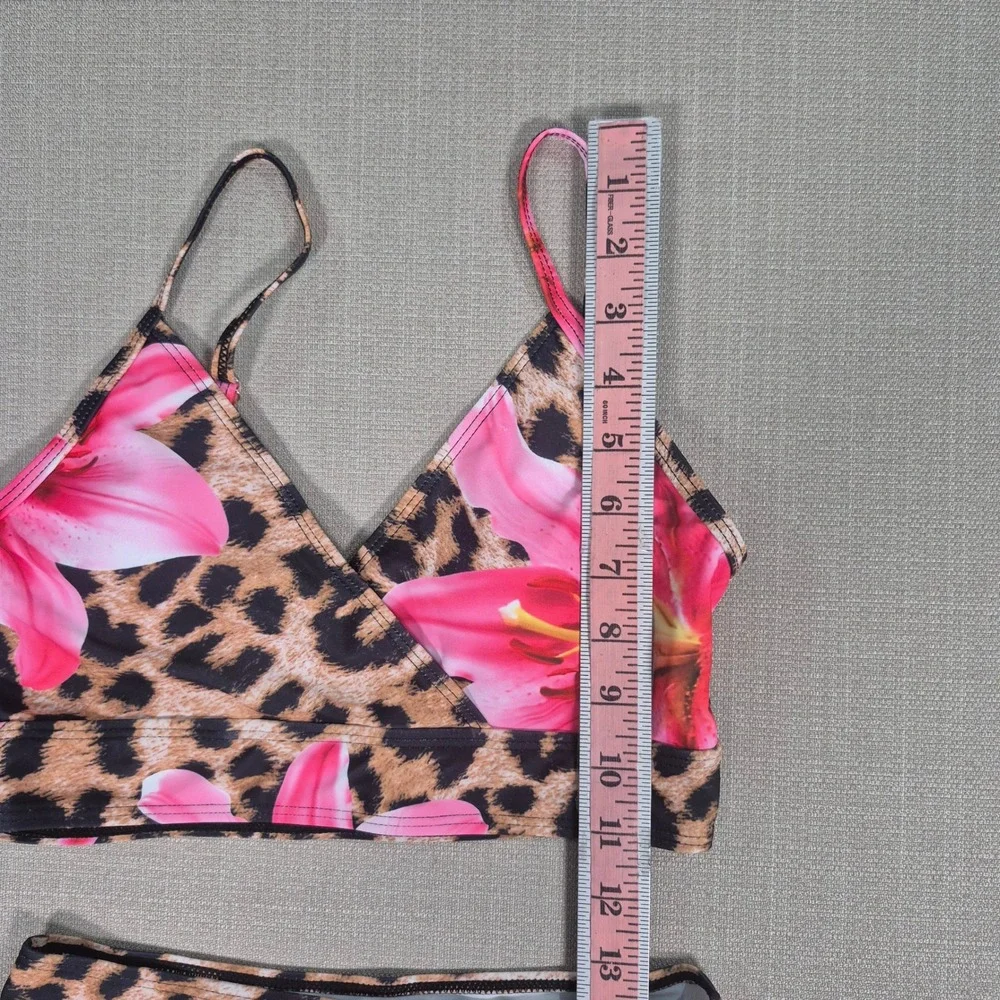 Girls Leopard Floral 3 Piece Swimsuit Bikini Sarong Set Pink Lily Size 12Y